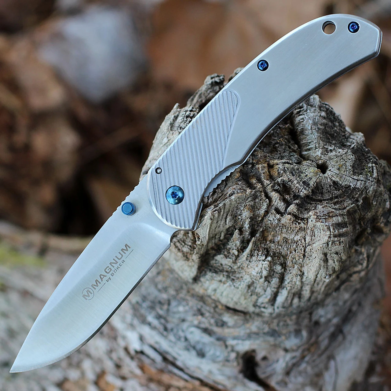 Boker Magnum 01RY863 Blue Dot, 3.3" 440A Plain Blade, Stainless Handle 1 Boker Magnum 01RY863 Blue Dot, 3.3" 440A Plain Blade, Stainless Handle