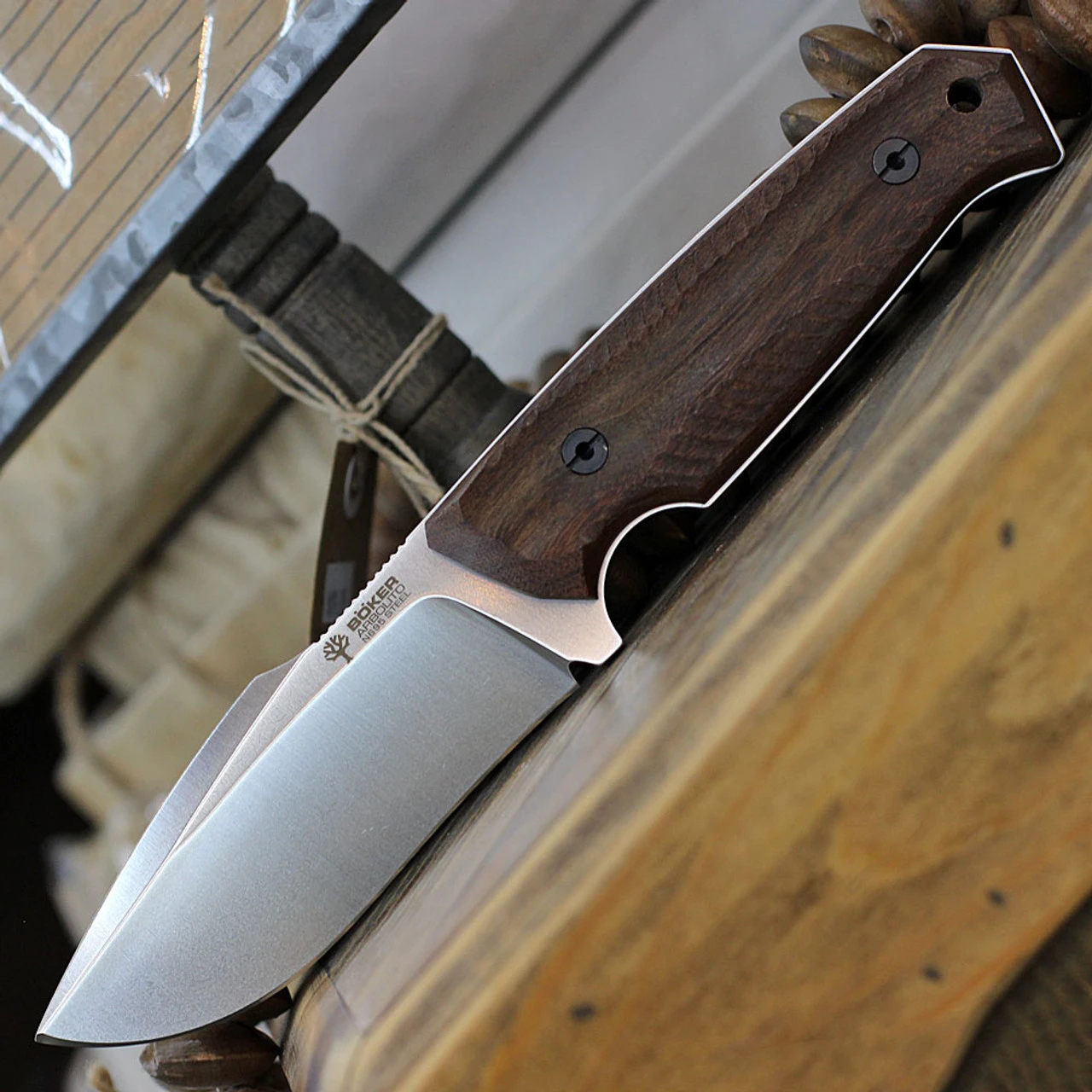 Boker Bison Fixed Blade 02BA404, 4.2" N695 Satin Plain Blade, Guayacan Ebony Wood Handle, Brown Leather Sheath 1 Boker Bison Fixed Blade 02BA404, 4.2" N695 Satin Plain Blade, Guayacan Ebony Wood Handle, Brown Leather Sheath