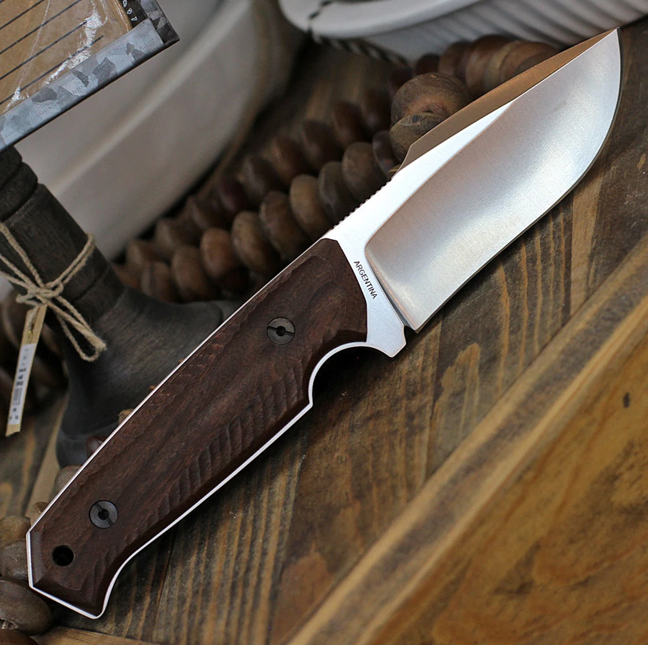 Boker Bison Fixed Blade 02BA404, 4.2" N695 Satin Plain Blade, Guayacan Ebony Wood Handle, Brown Leather Sheath 2 Boker Bison Fixed Blade 02BA404, 4.2" N695 Satin Plain Blade, Guayacan Ebony Wood Handle, Brown Leather Sheath - Image 2