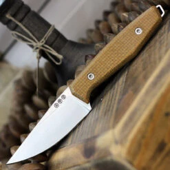 Boker AK1 Fixed Blade 120502, 3" RWL-34 Satin Plain Blade, Mustard Burlap Micarta Handle, Black Leather Sheath