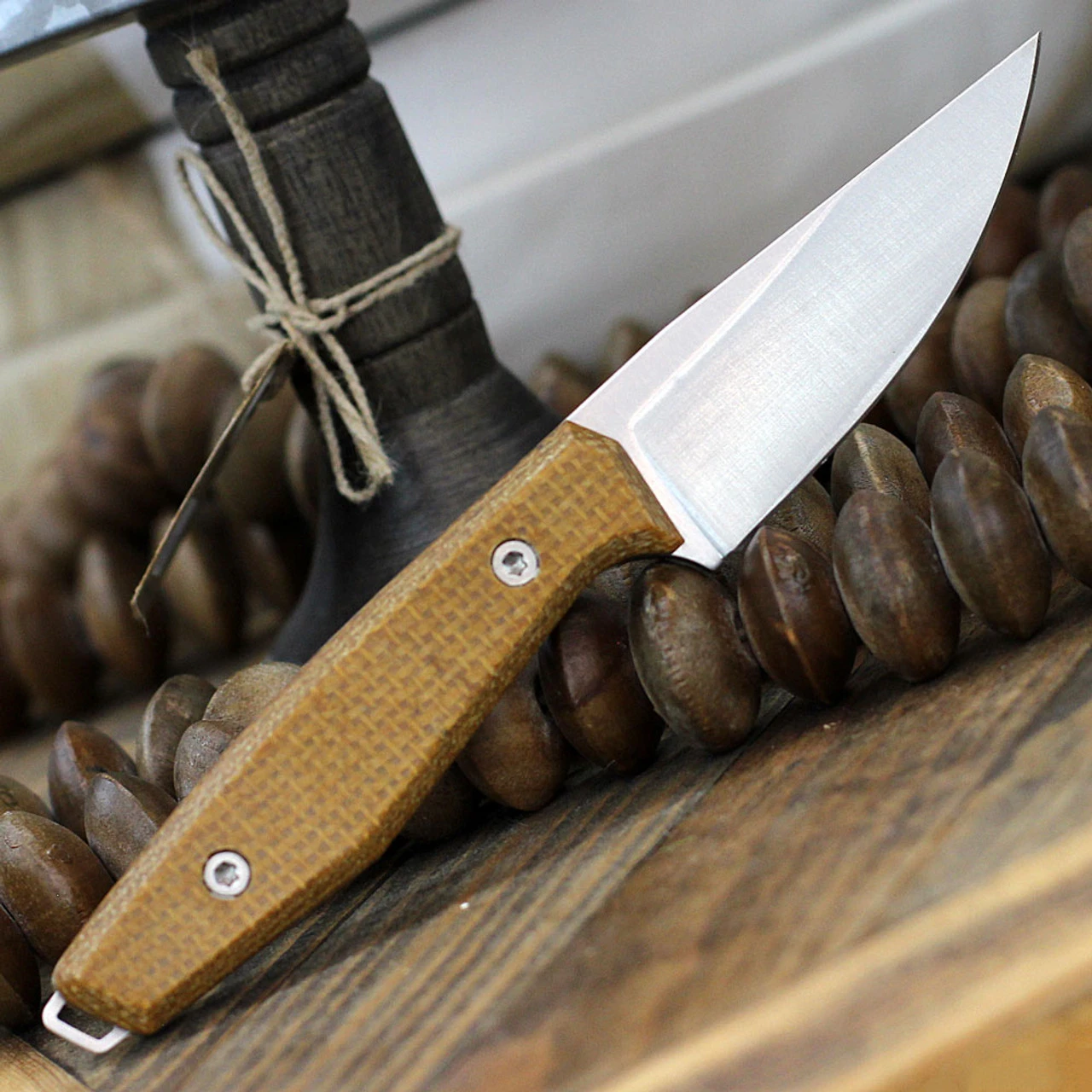 Boker AK1 Fixed Blade 120502, 3" RWL-34 Satin Plain Blade, Mustard Burlap Micarta Handle, Black Leather Sheath 2 Boker AK1 Fixed Blade 120502, 3" RWL-34 Satin Plain Blade, Mustard Burlap Micarta Handle, Black Leather Sheath - Image 2