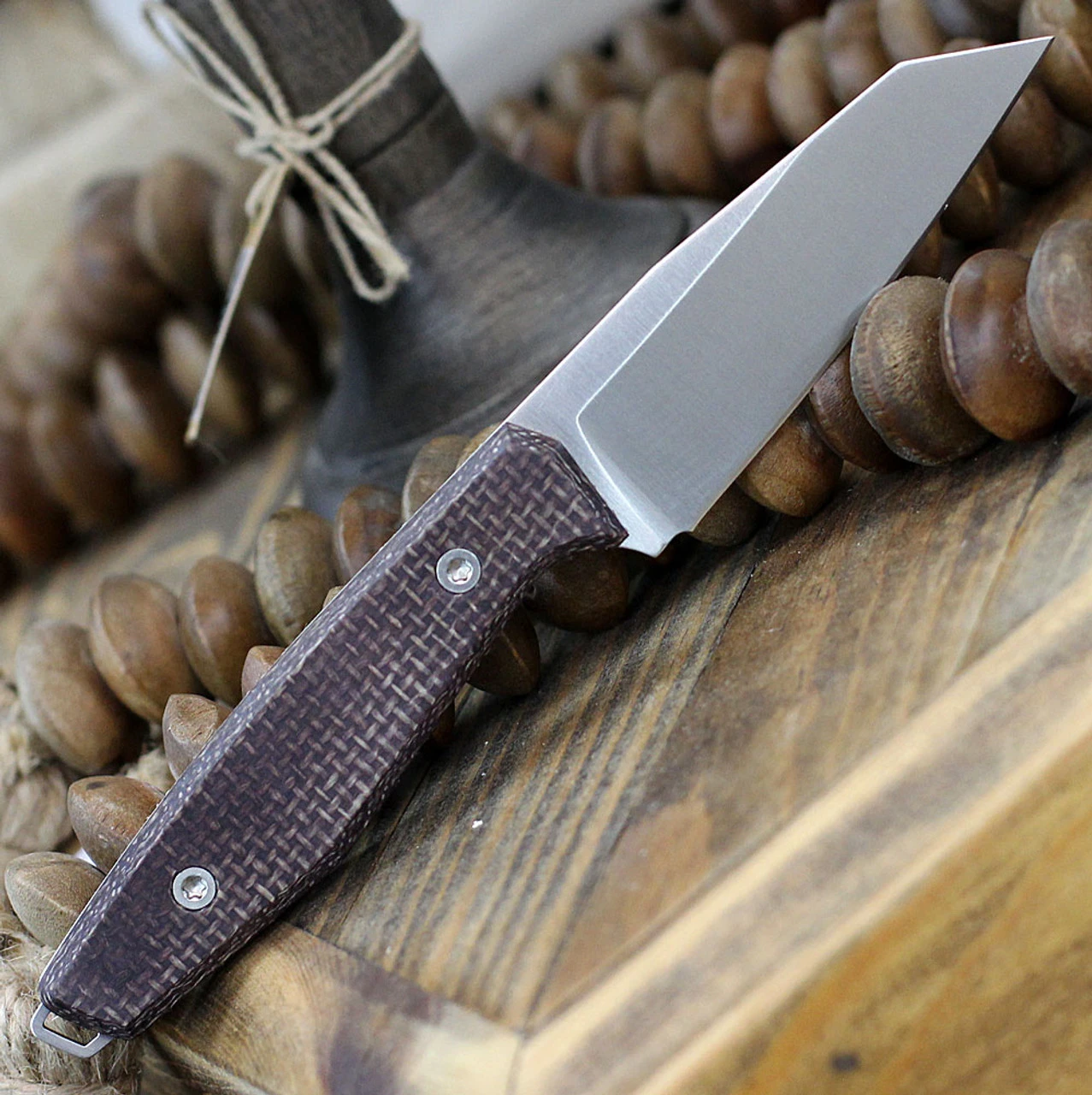 Boker AK1 Fixed Blade 121502, 3" RWL-34 Satin Reverse Tanto Blade, Bison Burlap Micarta Handle, Black Leather Sheath 2 Boker AK1 Fixed Blade 121502, 3" RWL-34 Satin Reverse Tanto Blade, Bison Burlap Micarta Handle, Black Leather Sheath - Image 2