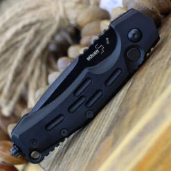 Boker Plus Thunder Storm Button Lock 01BO795N, 2.95" AUS-8 Stonewashed Plain Blade, Black Aluminum Handle -OTF Knives Shop BOP01BO795N.3 33618.1646839456