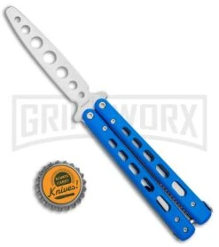 Boker Plus Mini Balisong Blue Skeletonized Trainer Knife - Satin Dull -OTF Knives Shop Boker Plus Mini Balisong Trainer Blue Holes G 10 Satin 01BO715SOI BHQ 99636 jr bottlecap large