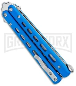 Boker Plus Mini Balisong Blue Skeletonized Trainer Knife - Satin Dull -OTF Knives Shop Boker Plus Mini Balisong Trainer Blue Holes G 10 Satin 01BO715SOI BHQ 99636 jr side large