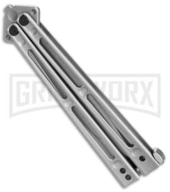 Boker Plus Papillon Stainless Steel Butterfly Knife - Stonewash Plain -OTF Knives Shop Boker Plus Papillon Butterfly Knife SS Sw BHQ 139167 jr side large