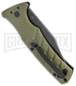 Boker Plus Strike OD Green Automatic Knife - Bowie Black Stonewash Plain -OTF Knives Shop Boker Plus Strike Bowie Auto OD Green Black Wash BHQ 125301 jr side large