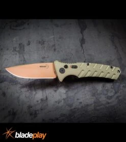 Boker Plus Strike Desert Warrior OD Green Automatic Knife - D2 Drop Point Copper -OTF Knives Shop Boker Plus Strike Desert Warrior OD Green Automatic Knife Drop Point Chopper BP20049 kp large