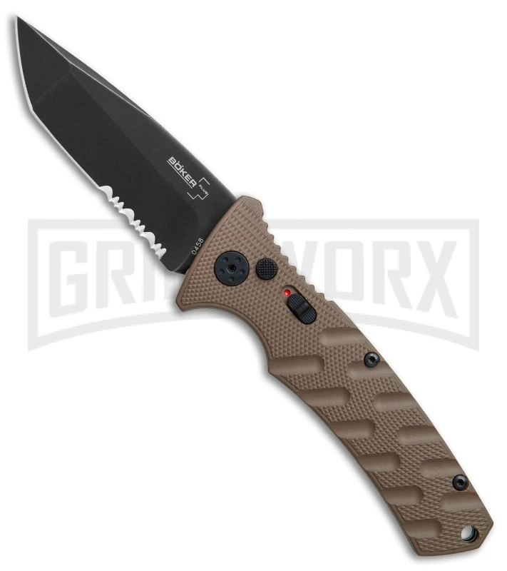 Boker Plus Strike Coyote Brown Automatic Knife - Tanto Black SW Serr 1 Boker Plus Strike Coyote Brown Automatic Knife - Tanto Black SW Serr