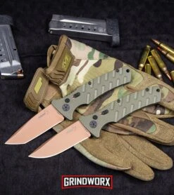 Boker Plus Strike Desert Warrior OD Green Automatic Knife - D2 Drop Point Copper -OTF Knives Shop Boker Strike Drop Point Desert Warrior Automatic Knife OD Green Copper BHQ 70998 kp tactical webv large 1