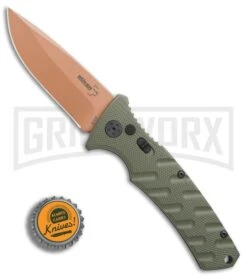 Boker Plus Strike Desert Warrior OD Green Automatic Knife - D2 Drop Point Copper -OTF Knives Shop Boker Strike drop point Desert Warrior OD Green copper BHQ 70998 er bottlecap large