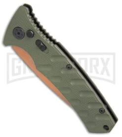 Boker Plus Strike Desert Warrior OD Green Automatic Knife - D2 Drop Point Copper -OTF Knives Shop Boker Strike drop point Desert Warrior OD Green copper BHQ 70998 er spine large