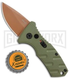 Boker Stubby Strike Automatic Knife - Desert Warrior -OTF Knives Shop Boker Stubby Strike CA Legal Auto OD Green Copper 01BO443NSOI BHQ 99649 jr bottlecap large