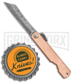 Boker Higonokami Bonsai Hikari Flipper Knife Copper - Damascus Reverse Tanto -OTF Knives Shop Higonokami Bonsai Irogane Copper Damascus BHQ 126247 jr bottlecap large