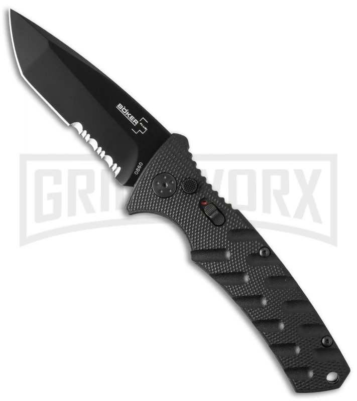 Boker Plus Strike Manual Knife - Tanto Black Serr 1 Boker Plus Strike Manual Knife - Tanto Black Serr