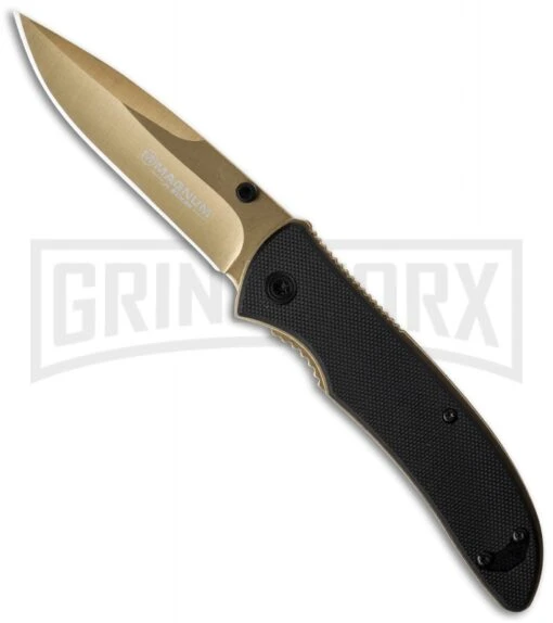 Boker Magnum Black Gold Spring Assisted Knife - Gold Plain -OTF Knives Shop boker magnum 01ry111 large